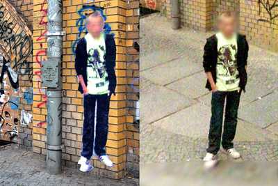 Google street view photo of a boy on the. street on the left side, and the graffiti of the boy from the photo on the wall on the left side