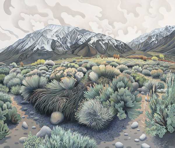 Painting of a landscape with bushes, and snowy mountains in the distance