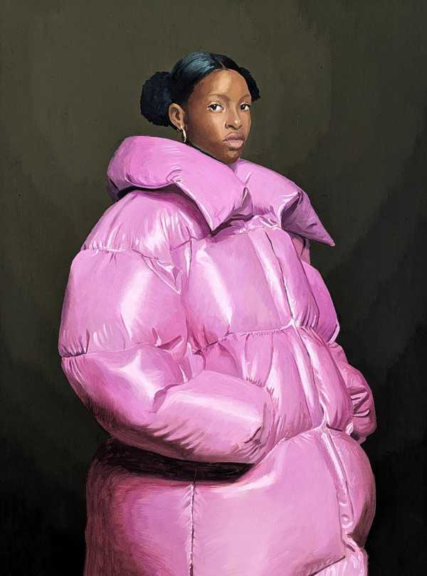 Painting of a woman in a puffer jacket