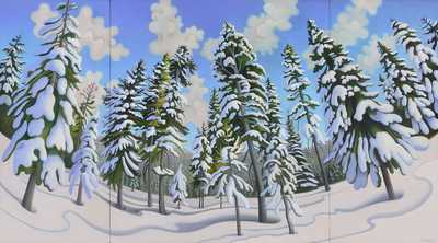 Painting of a snowy landscape with lots of trees