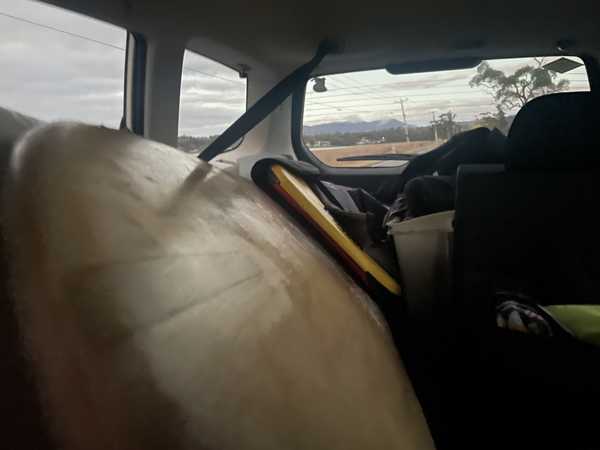Surf board in the back of a car