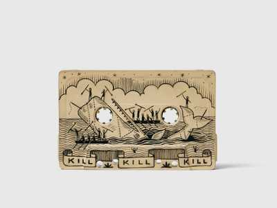 Scrimshaw in the shape of a cassette, with a drawing of people killing a whale with the text Kill Kill Kill