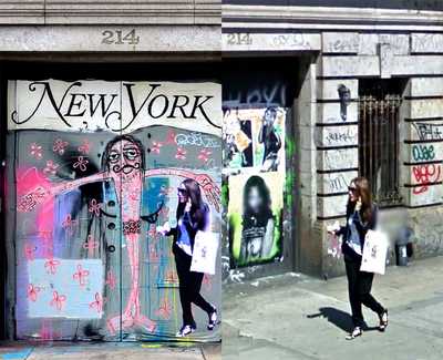 Google street view photo of a woman on the. street on the left side, and the graffiti of the woman from the photo on the wall on the left side