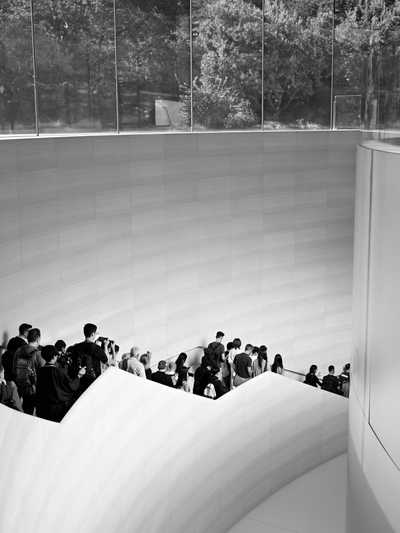 People walking down a stairwell