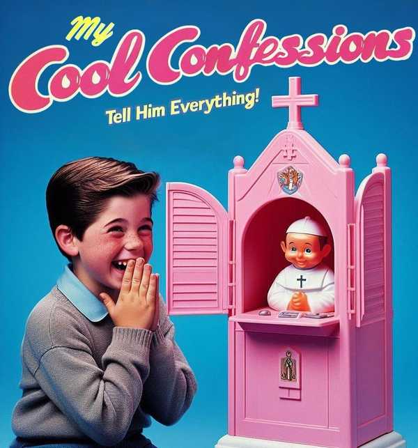 Boy laughing while confessing his evil, EVIL sins to a toy priest in a confessional