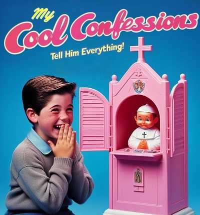 Boy laughing while confessing his evil, EVIL sins to a toy priest in a confessional