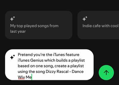 Screenshot of a Spotify AI prompt telling it to behave like iTunes Genius