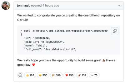 Congratulations on creating the one billionth repository on GitHub!