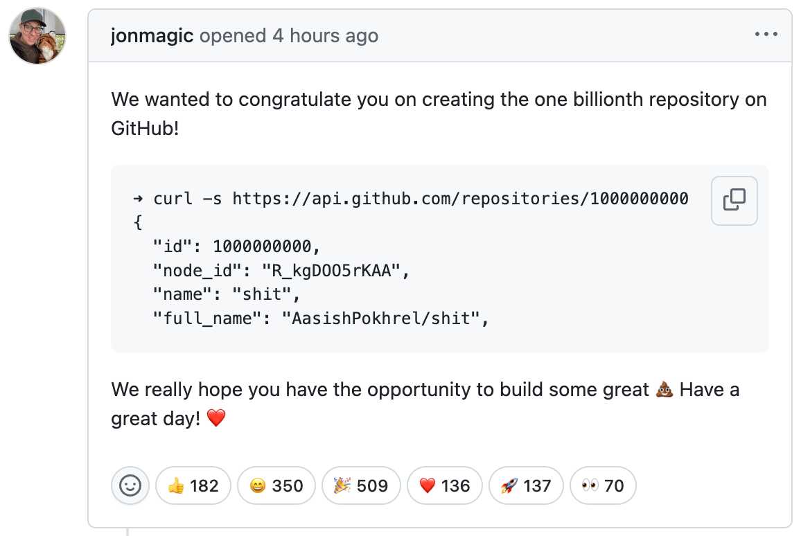 Congratulations on creating the one billionth repository on GitHub!