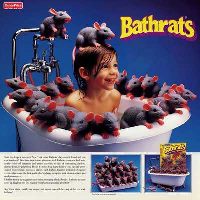 Child in a bathtub with 20 toy rats