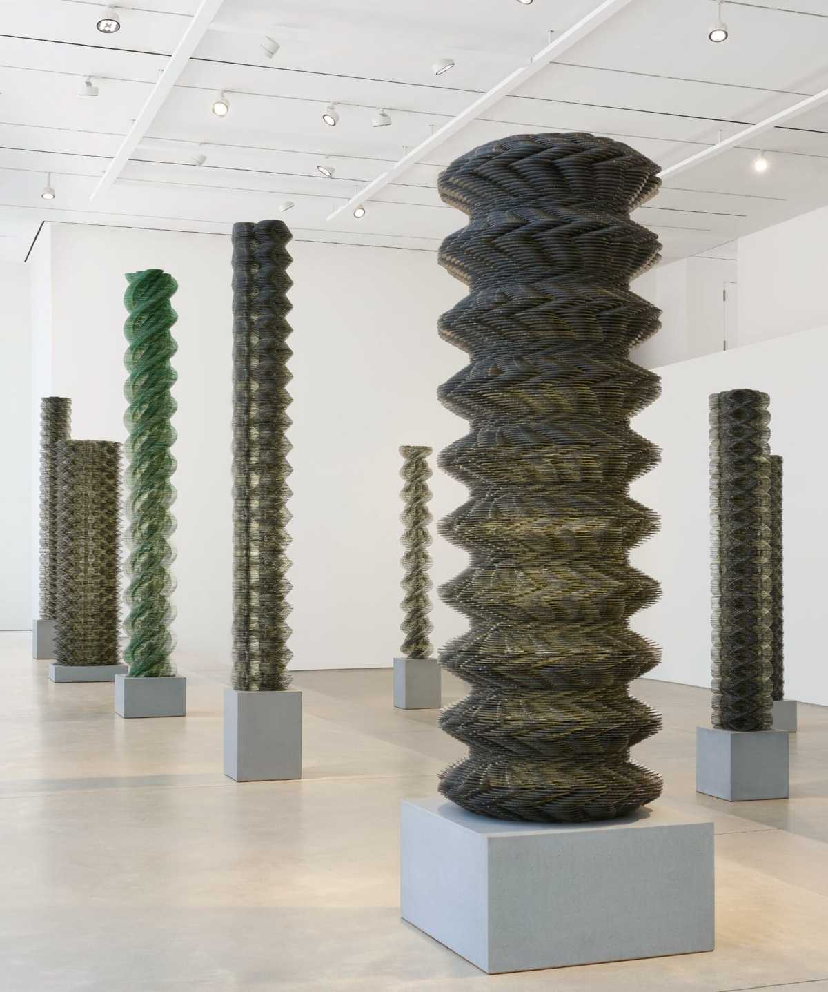 Pillar sculptures made from CDs