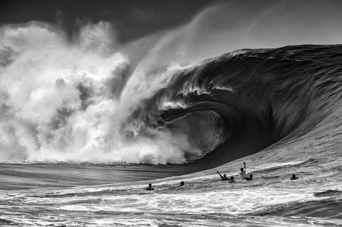 People in the water looking at a massive wave