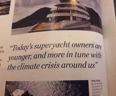 A magazine page with a clueless pull quote about superyacht owners