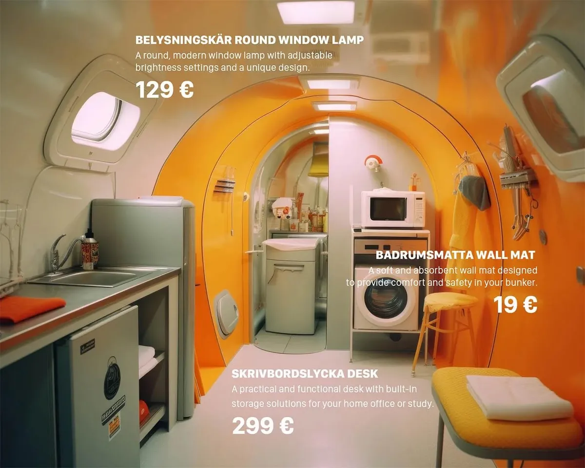 Midjourney generated IKEA anti-nuclear bomb shelter products