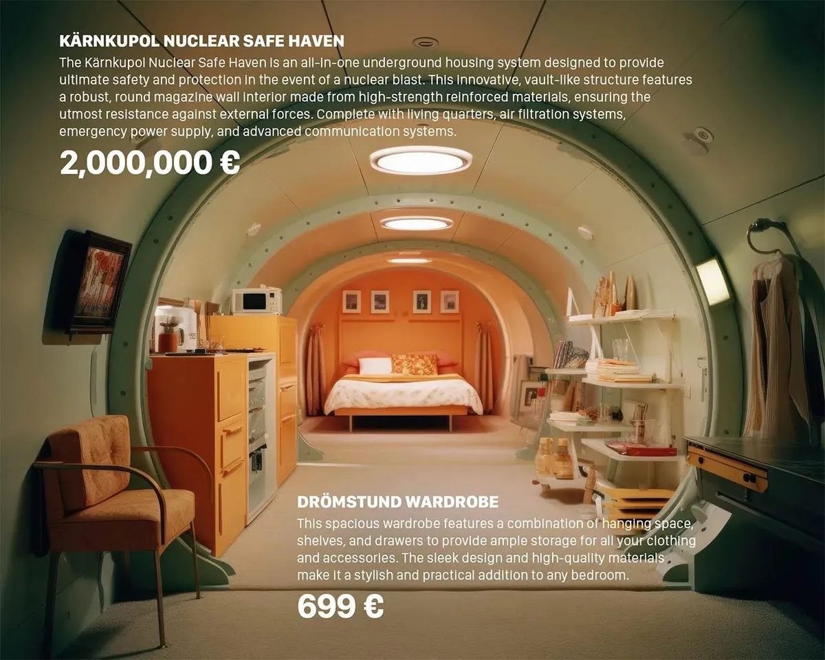 Midjourney generated IKEA anti-nuclear bomb shelter products