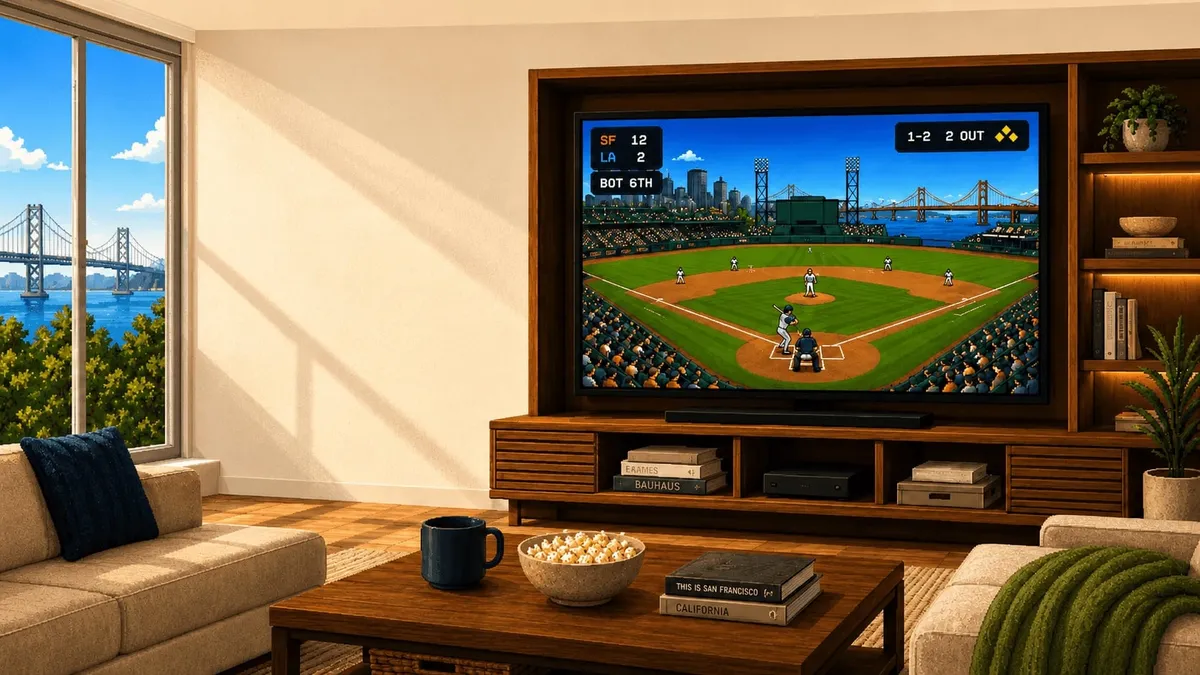 Photo of a television with an 8-bit baseball game playing
